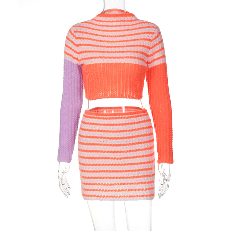 Casual Striped Knitted Dress Set Bodycon Autumn Winter Long Sleeve Sweater Top and Mini Skirt Two Piece Sets Women Sexy Outfits alx