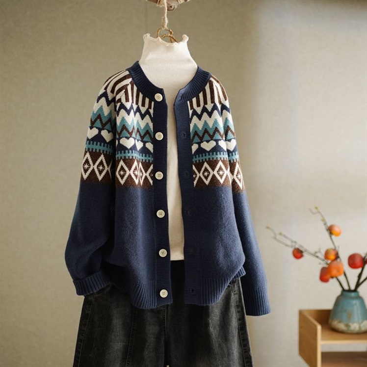 Vintage Ethnic Print Cardigan Women Harajuku Clothes 2022 Autumn Winter Streetwear Outwear Pull Femme Hiver Knit Sweater Jacket alx