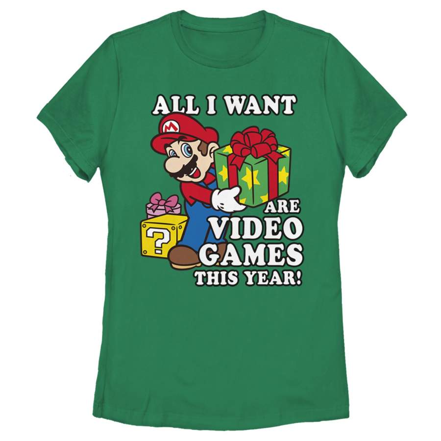 Nintendo Women’s Christmas Mario All I Want Are Video Games  T Shirt