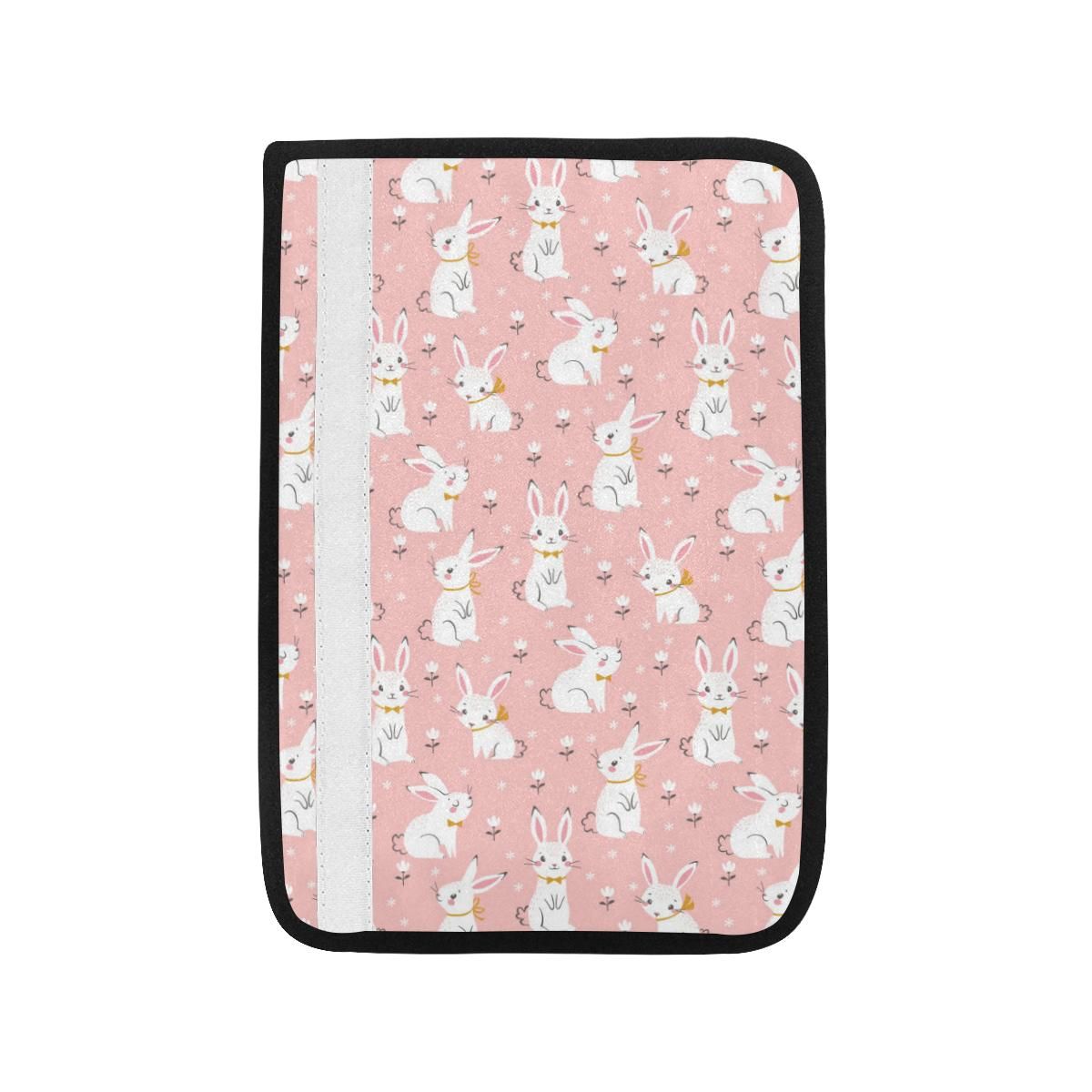 Cute White Rabbit Flower Pink Background Car Seat Belt Cover