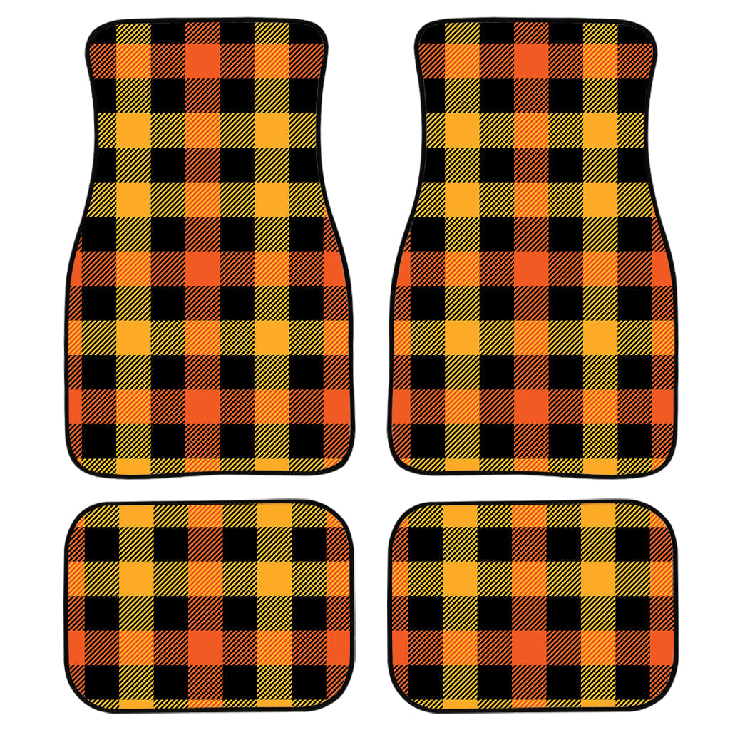 Orange And Black Buffalo Plaid Print Front And Back Car Floor Mats, Front Car Mat