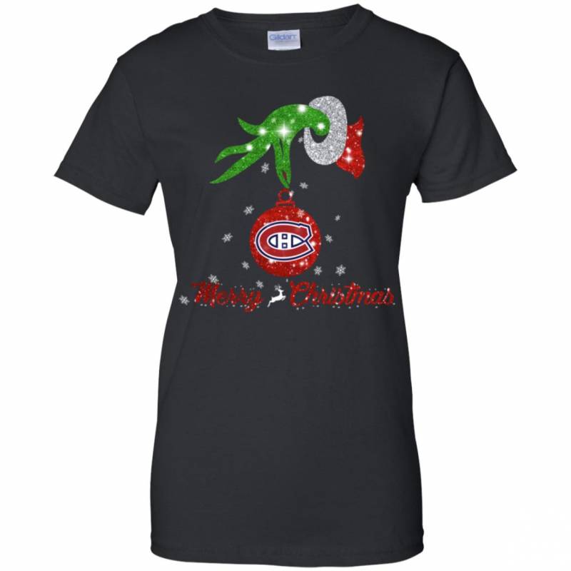 Grinch Hand Ornament MontrÈal Canadiens Glitter Christmas Shirts