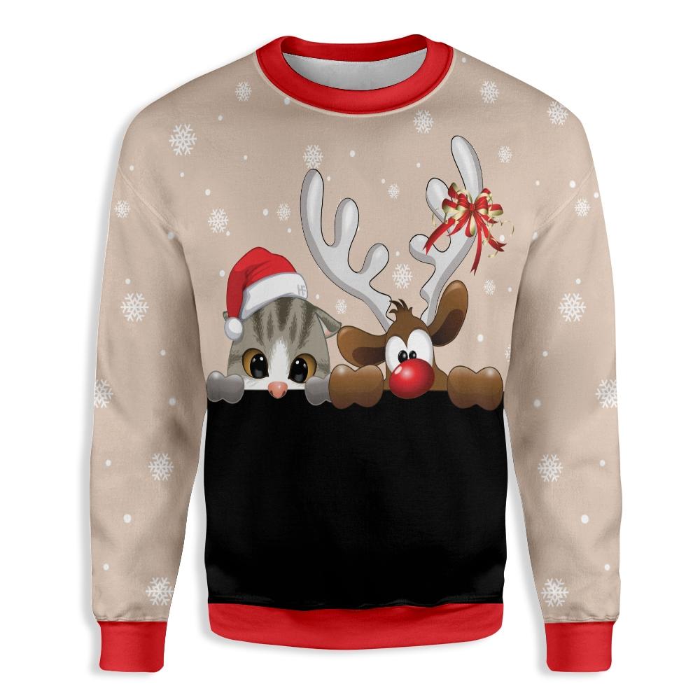 Cat And Reindeer Ugly Christmas Sweater | For Men & Women | Adult | Us5477