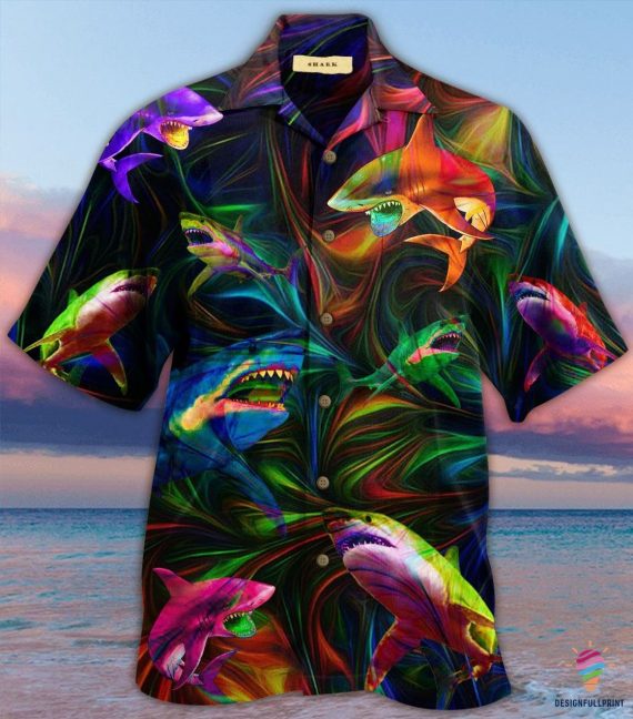 Shark In The Dark Ocean Wave Hawaii Button Shirt