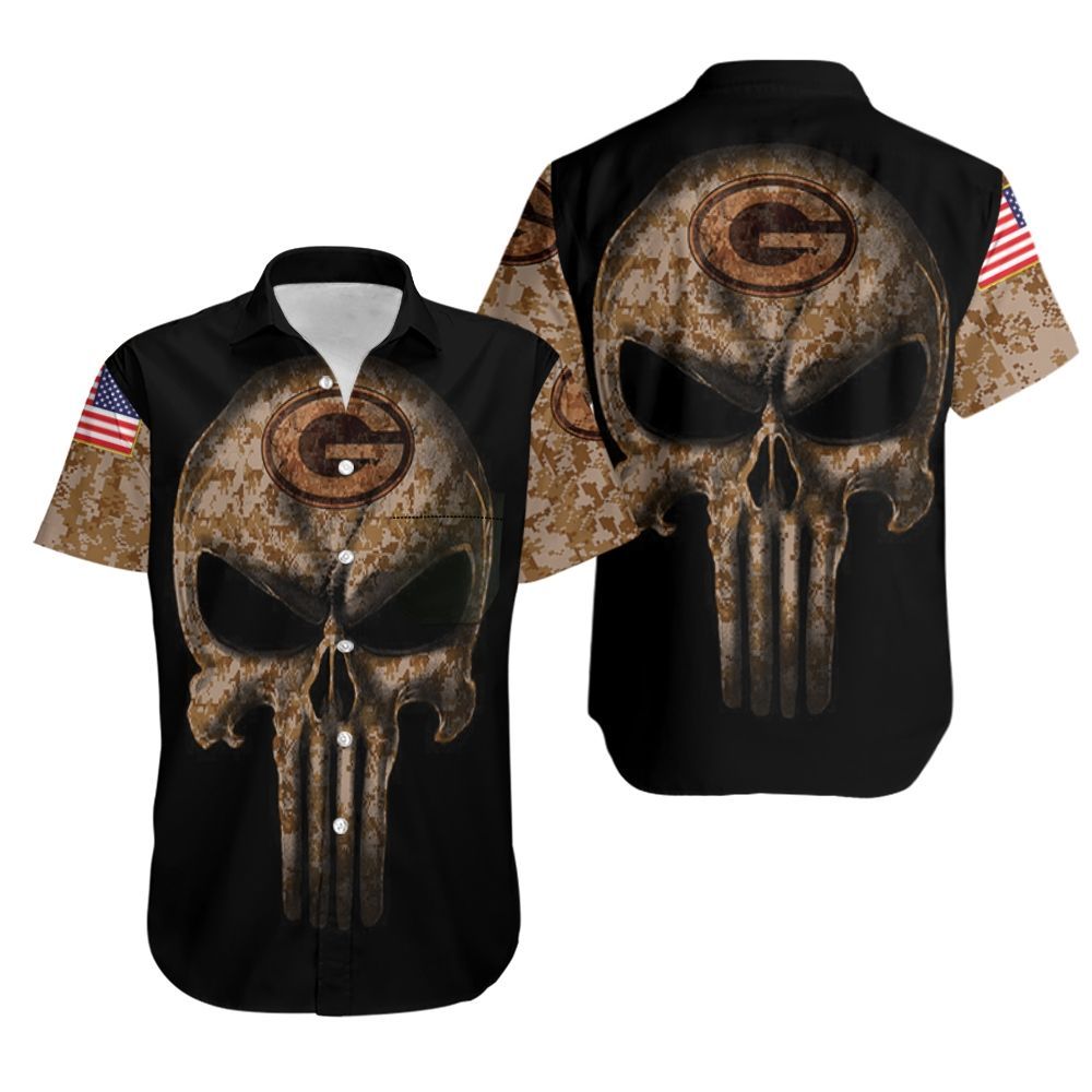 Camouflage Skull Green Bay Packers American Flag Hawaiian Shirt