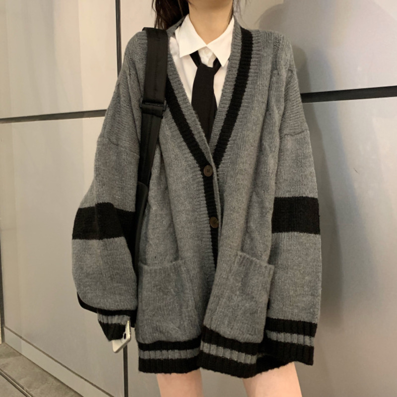 Casual Oversized Knitted Cardigan Women Fashion Single Breasted V-Neck Korean Long Sleeve Loose Streetwear Sweater Coats alx