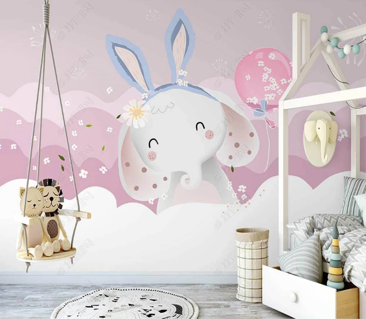 3D Cartoon Cloud Balloon Bunny Wall Mural Wallpaper Lqh 365