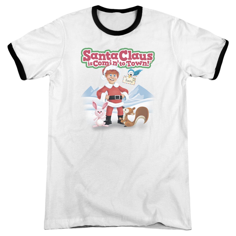 Santa Claus Is Comin To Town Animal Friends Heather Ringer Mens T Shirt White