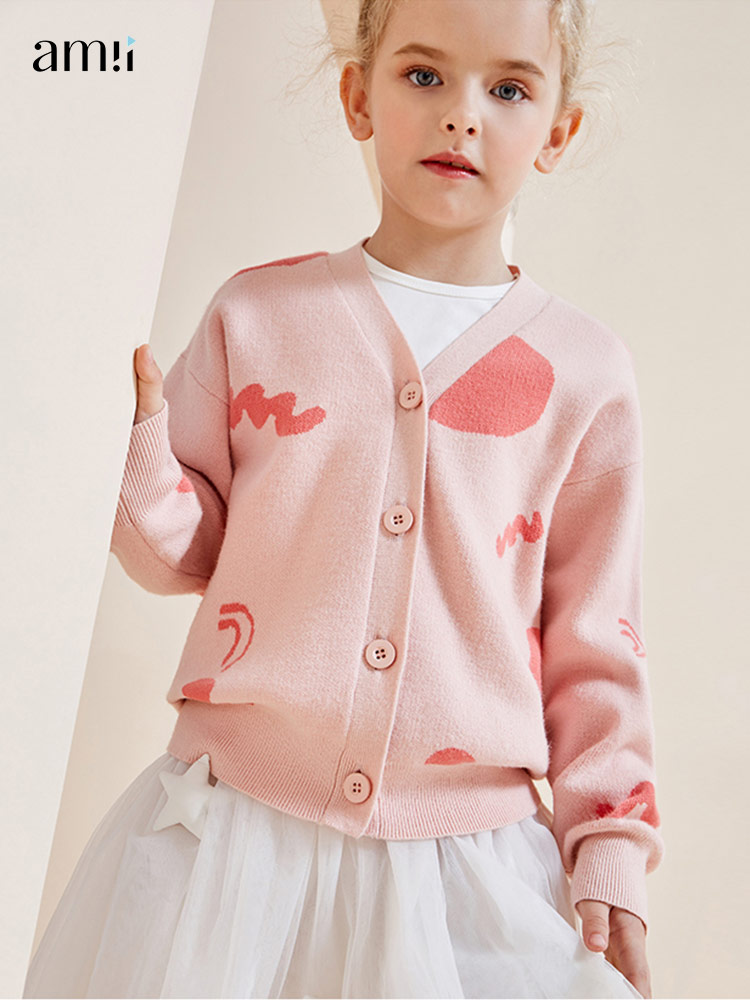 amii kids Girls Cardigan Fashion Printed 100% Cotton Knitted Tops Teenager Girls Sweater Children Outwear Knitted Coat 22170074 alx