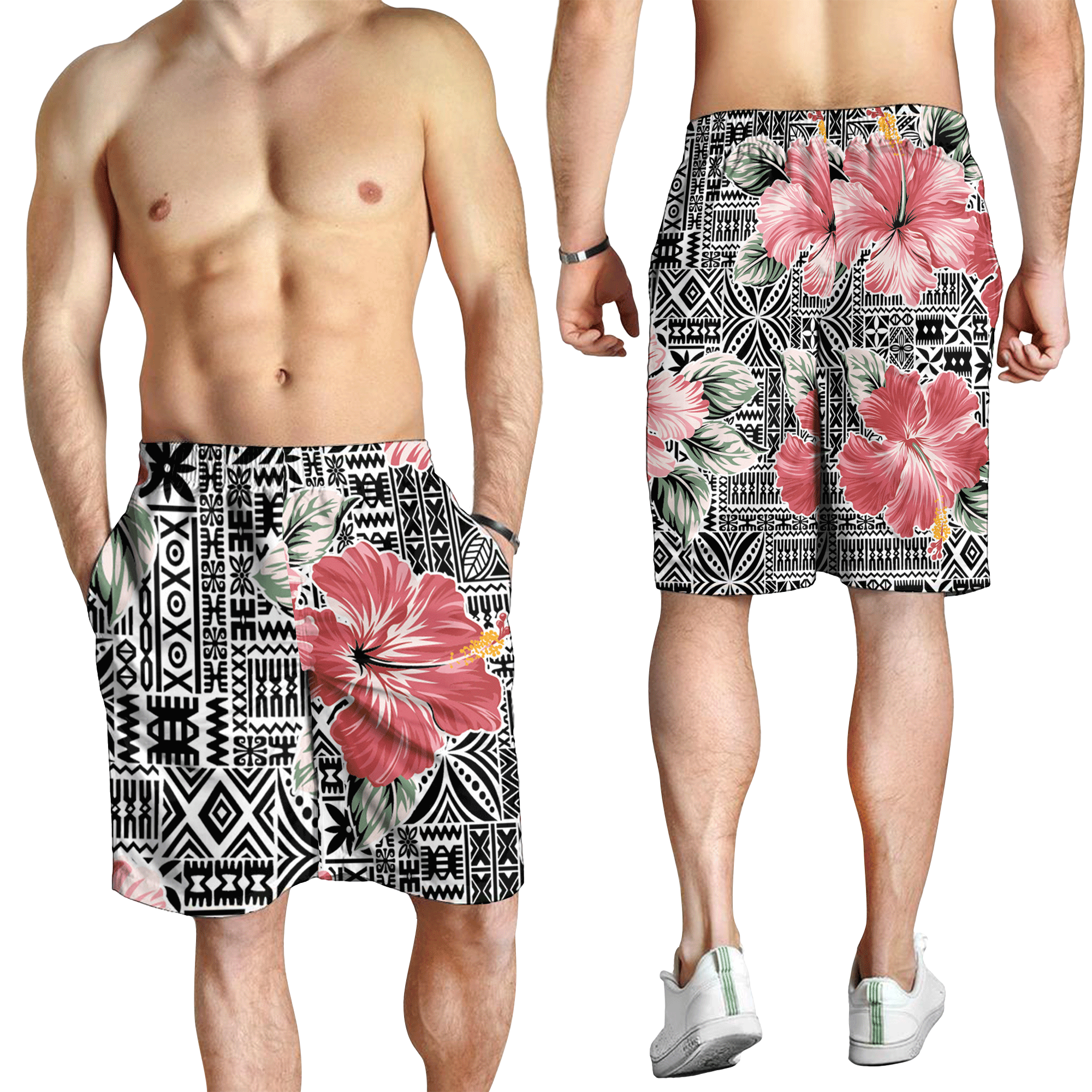 Polynesian Shirt - Pink Hibiscus Flower With Tapa Pattern - Gearnoble