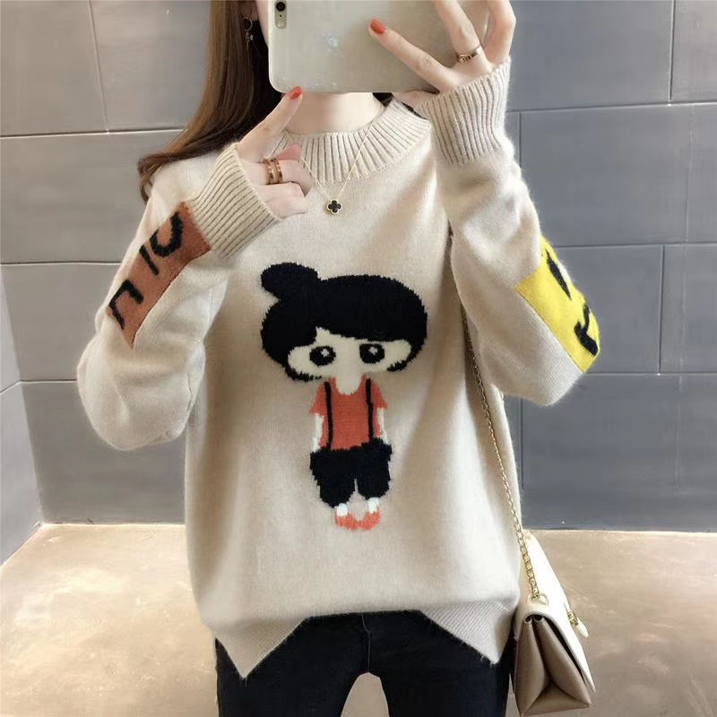 Women 2019 Autumn Knitted Black Pullover Tops Girl Printed Casual Long Sleeve Ladies Warm Jumper O-Neck Female Sweater alx