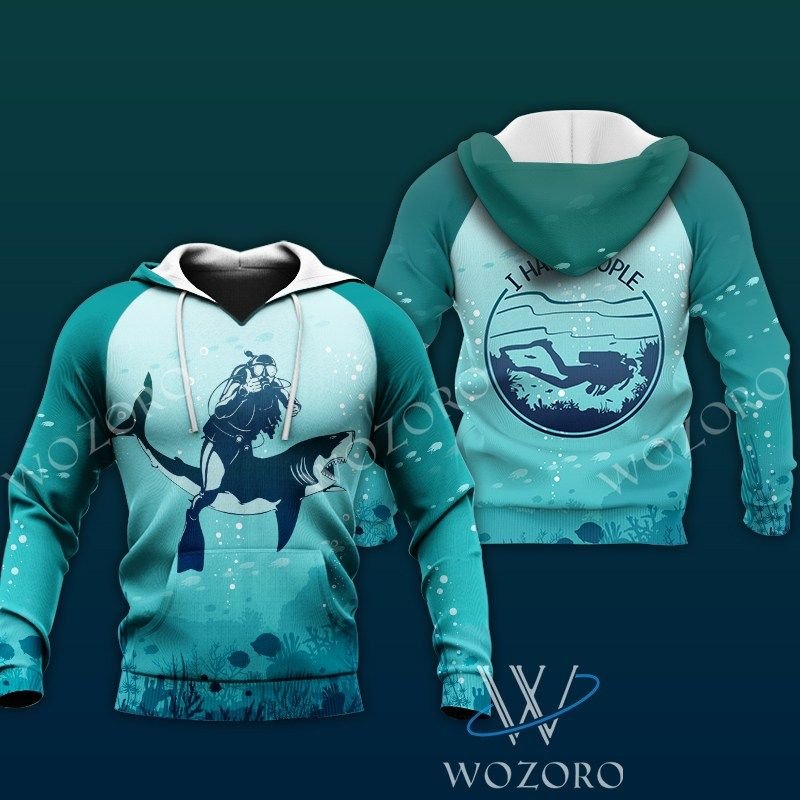 Shirt Shark Diving I Hate People Teal Unique 3D Printed Sublimation Hoodie Hooded Sweatshirt Comfy Soft And Warm For Men Women S To 5Xl Ctc25038858