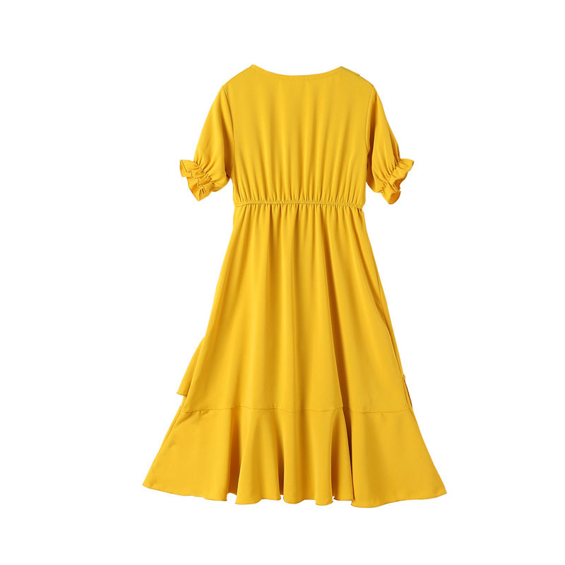 4 To 15 Years New 2021 Summer Kids Girls Dress Korean Mid Long Teen Dress Children Short Sleeve Ruched Yellow Baby Dress Causal alx