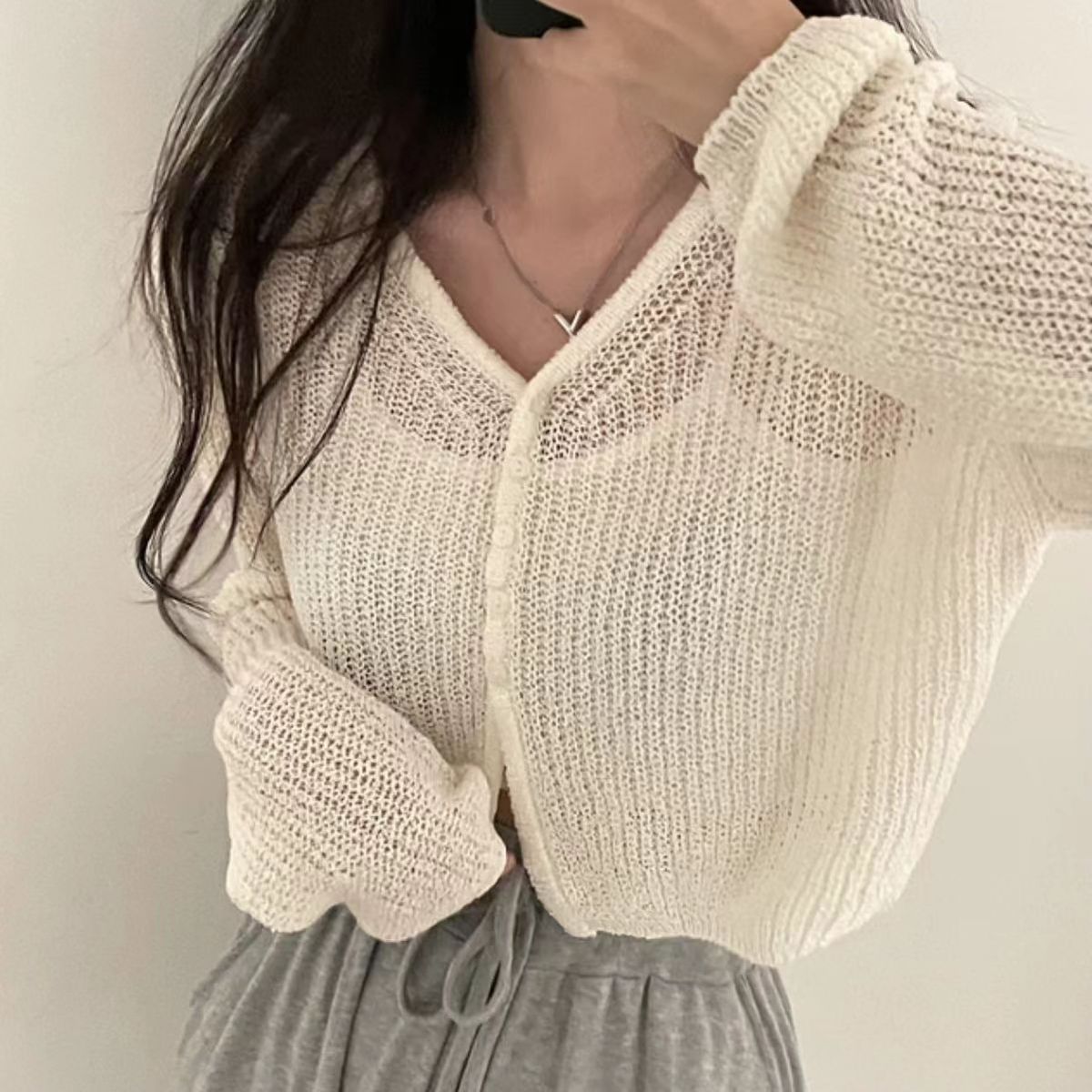 Crops Sweaters Women Pure Color Elegant Ulzzang Lady V-neck Knitting Leisure Student All-match Holiday Basic Sun-proof Cardigan alx