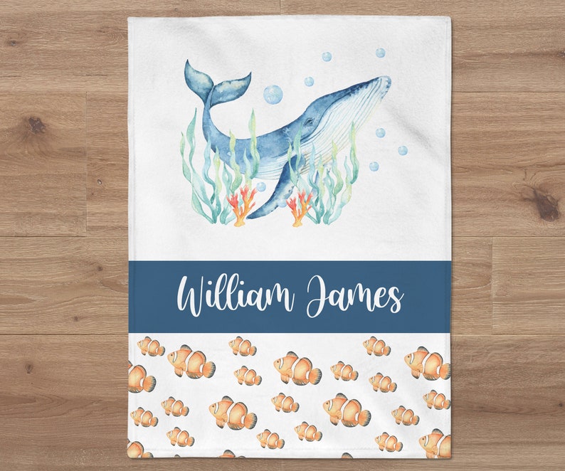 Sea Animals Baby Blanket, Whale, Name Blanket, Custom Underwater Baby Name Blanket, Newborn Gift, Ocean Baby Shower Gift