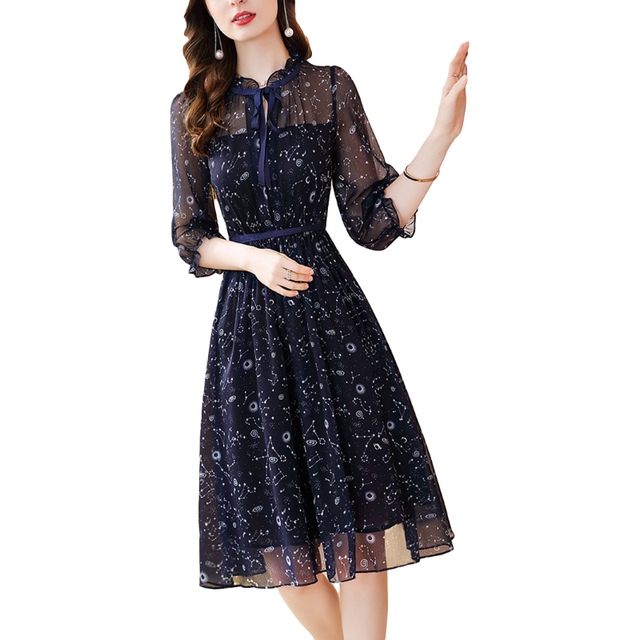 Summer dress women clothes bow lace-up flower print chiffon dress ladies elegant three-quarter sleeve long work dresses 2021 new alx