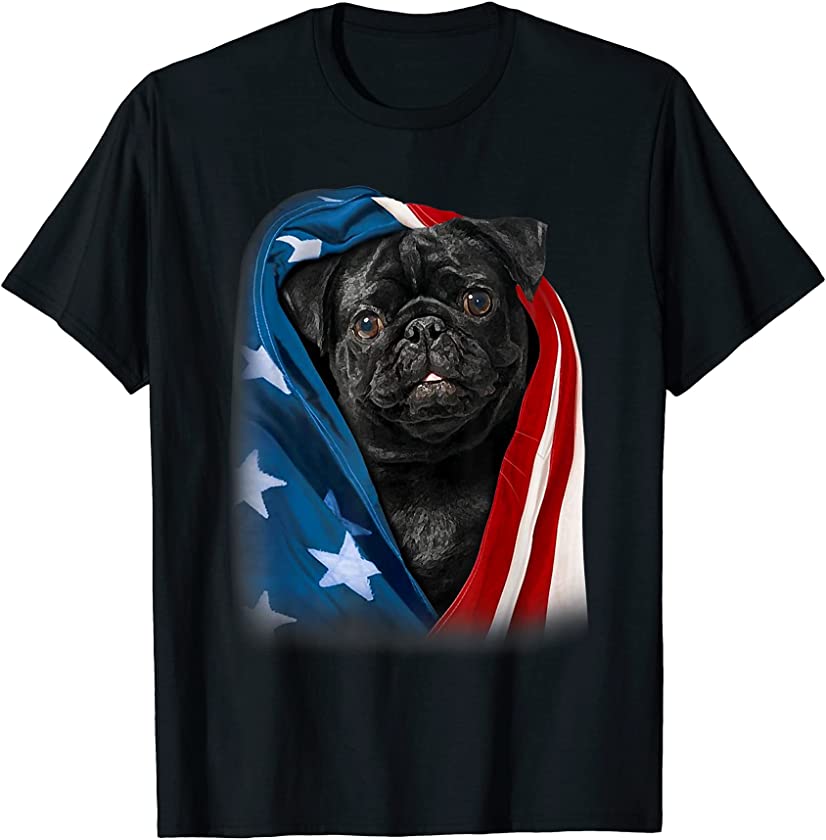 Pug Black Dog American Flag 4th Of July Animal Patriotic Tee T-Shirt