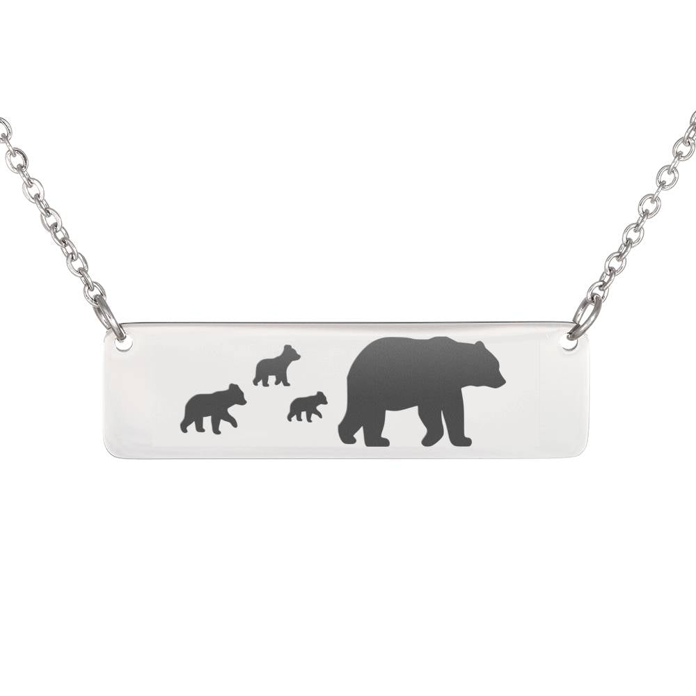 Mama Bear Necklace – Custom Engraved Necklace – Horizontal Bar Necklace – Mom And Babies Animal Necklace (3 Cubs)