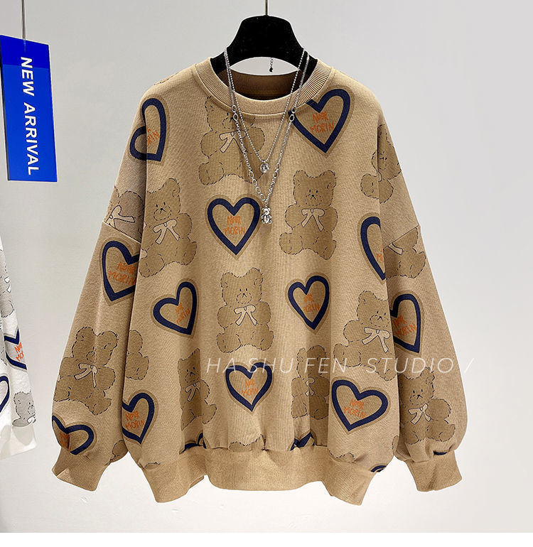 White Long Sleeve Heart Bear Printed Sweatshirt Women Spring Cartoon Bear Pattern Hoodies Female Cute Pullovers Streetwear Tops alx