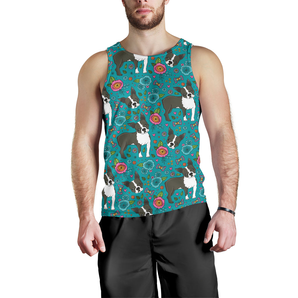 Boston Terrier Beautiful Flower Pattern Men Tank Top