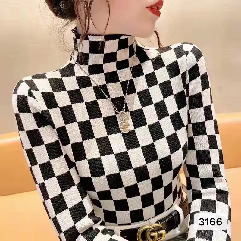 Women Classic Checkerboard Luxury Pattern Knit Turtleneck Sweater Pull Fashion Slim Fit Pullovers Y2k Jumper Tops Brand Clothes alx