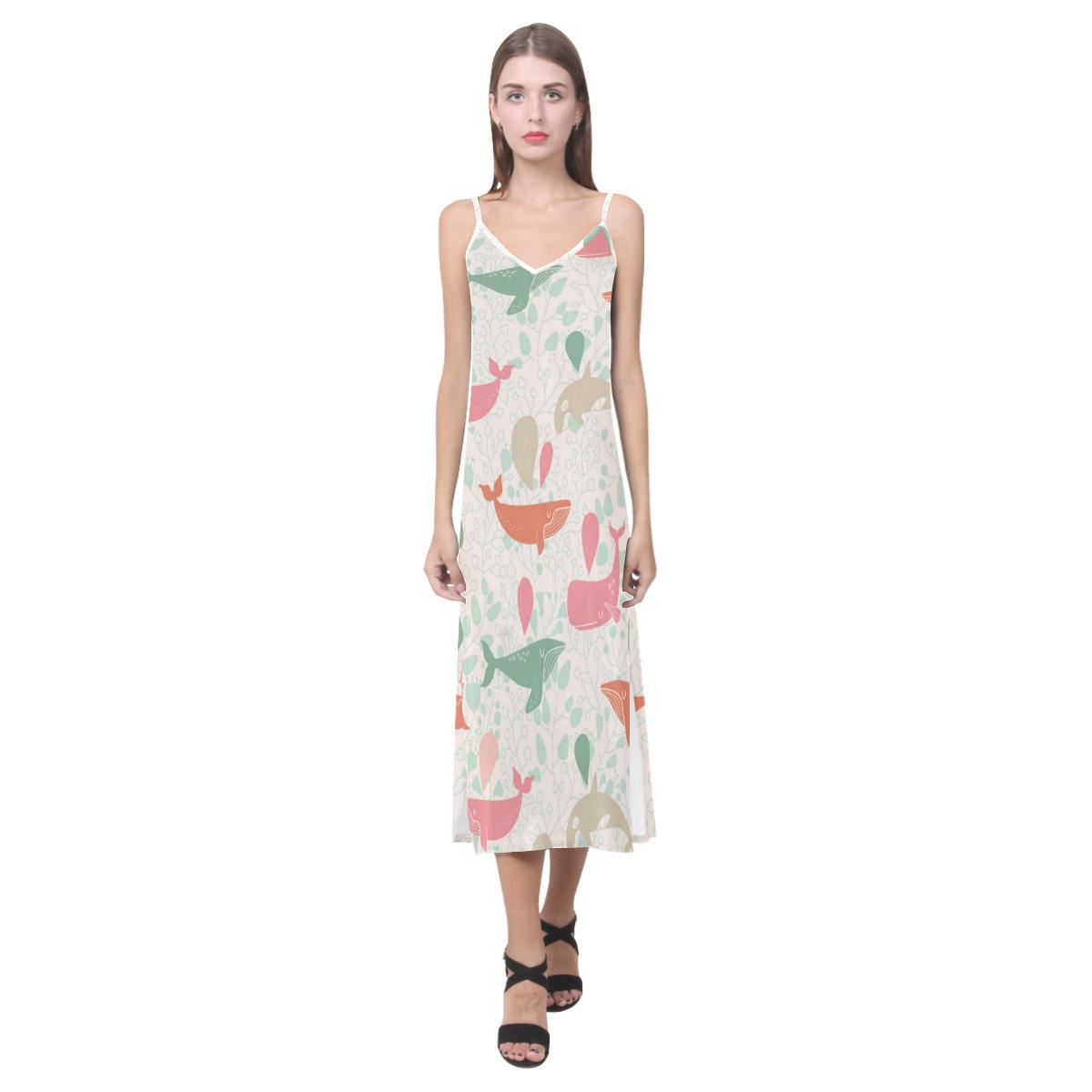 Cute whale pattern V-Neck Open Fork Long Dress