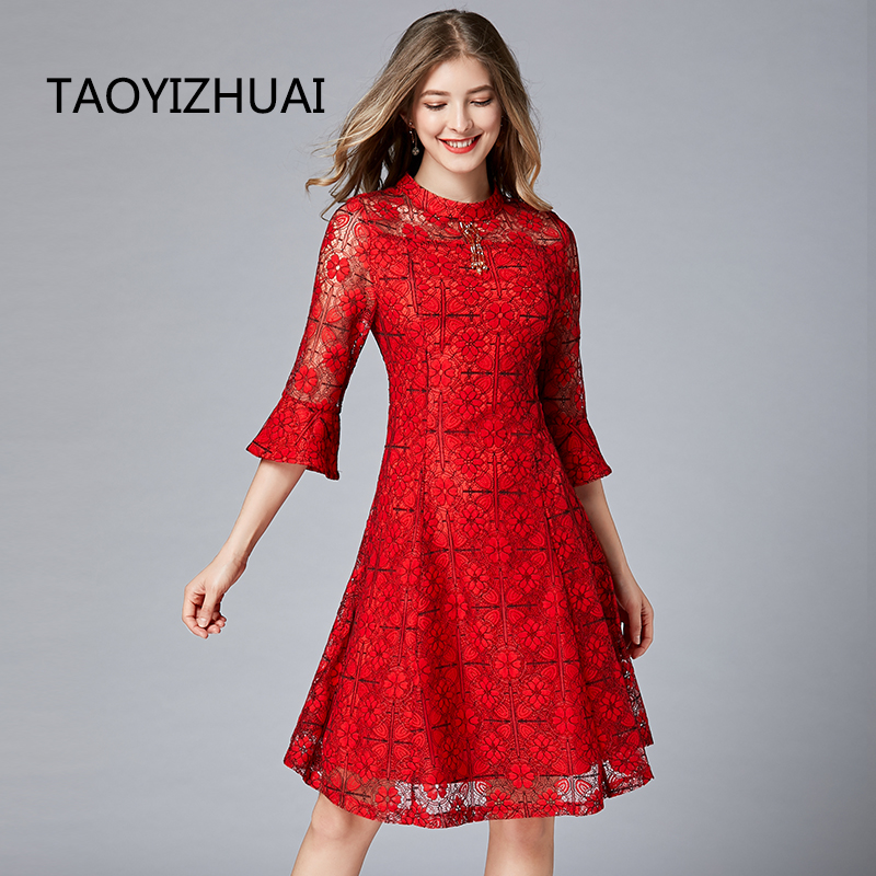 women plus size dresses Red brand fashion embroidery middle sleeve fashion versatile casual dress alx