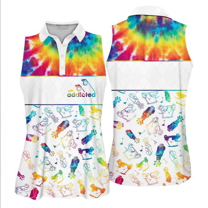 Tie-Dye Addicted Pattern Golf Sleeveless Polo Shirt For Women, Golf Shirt, Gift For Golf Lover