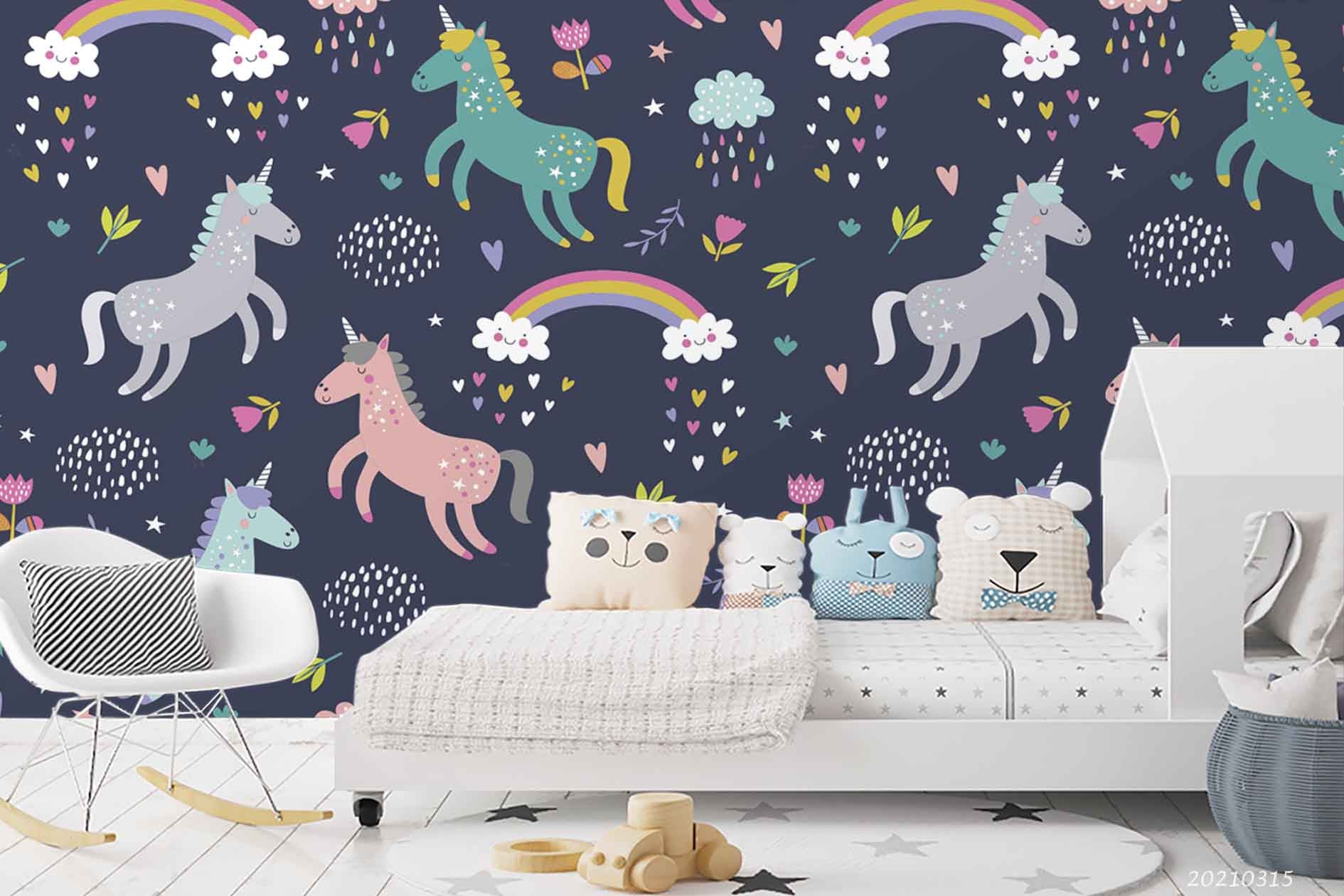 3D Cartoon Animal Unicorn Rainbow Star Wall Mural Wallpaper Lqh 357