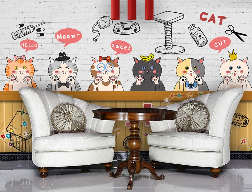 3D Cartoon Hand Drawn Cute Cat Animal Background Wall Mural Wallpaper Lxl