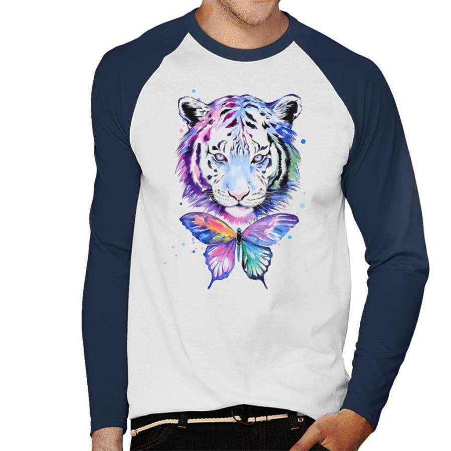 Watercolour Tiger And Butterfly Men’s Baseball Long Sleeved T-Shirt