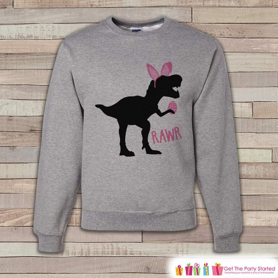 Adult Easter Shirt – Funny Easter Bunny Dinosaur Happy Easter Sweatshirt – Dino Pink Bunny Ears Easter Shirt – Easter Grey Adult Sweatshirt