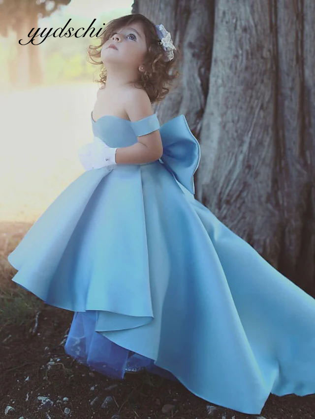 Ball Gown Blue Flower Girl Dresses Elegant Bow Princess Satin Ball Gown For Kids Birthday Party Bow First Communion Dress Chapel alx