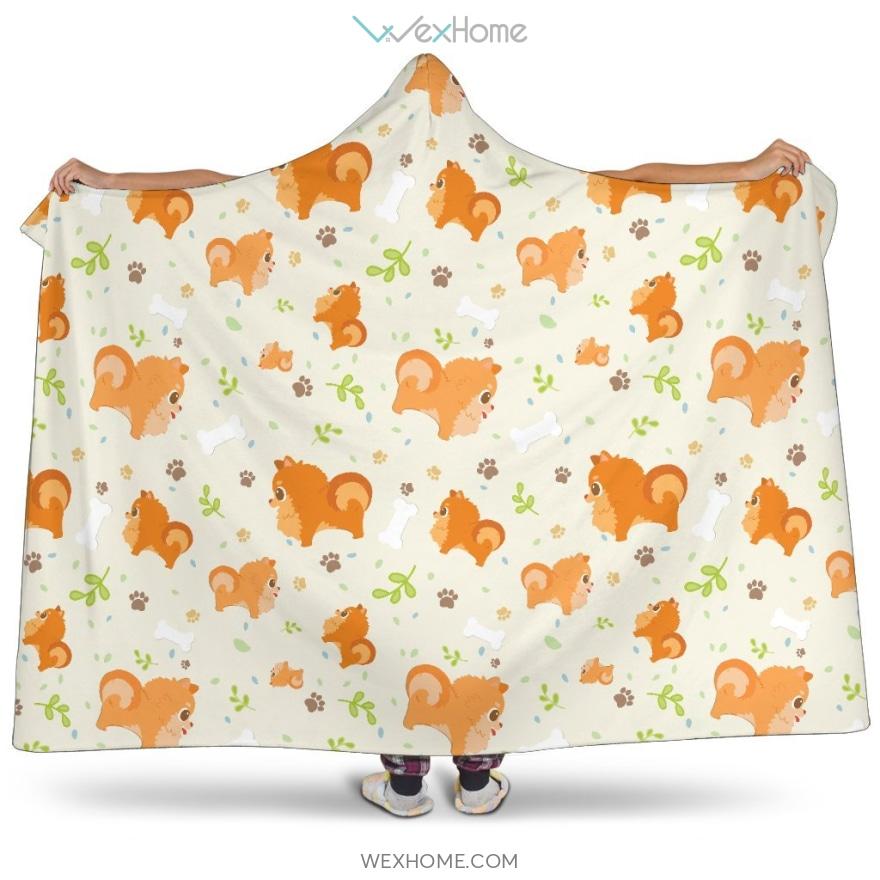 Cute Brown Pomeranian Paw Leave Bone Pattern Hooded Blanket