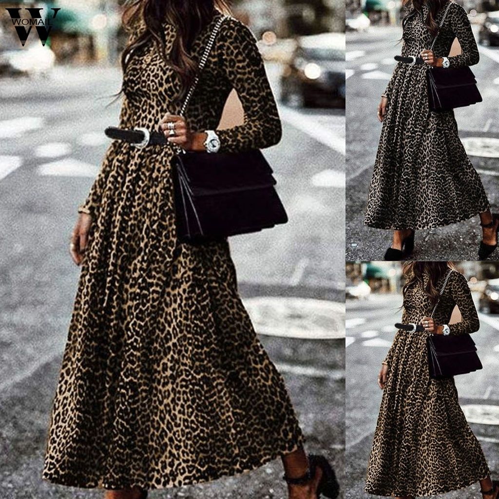 Casual Loose Pleated  Elegant Fashion Long Sleeve Leopard Dress