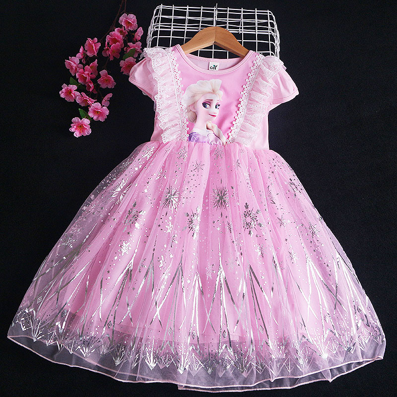 Summer Toddler Girls Lace Dress Kids Cartoon Frozen Elsa Mesh Princess Wedding Dresses Children Clothing for Baby Girls 2-7Y alx