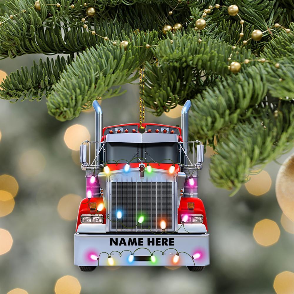 Trucker Truck With Christmas Light -Personalized Flat Ornament – Gifts For Truckers