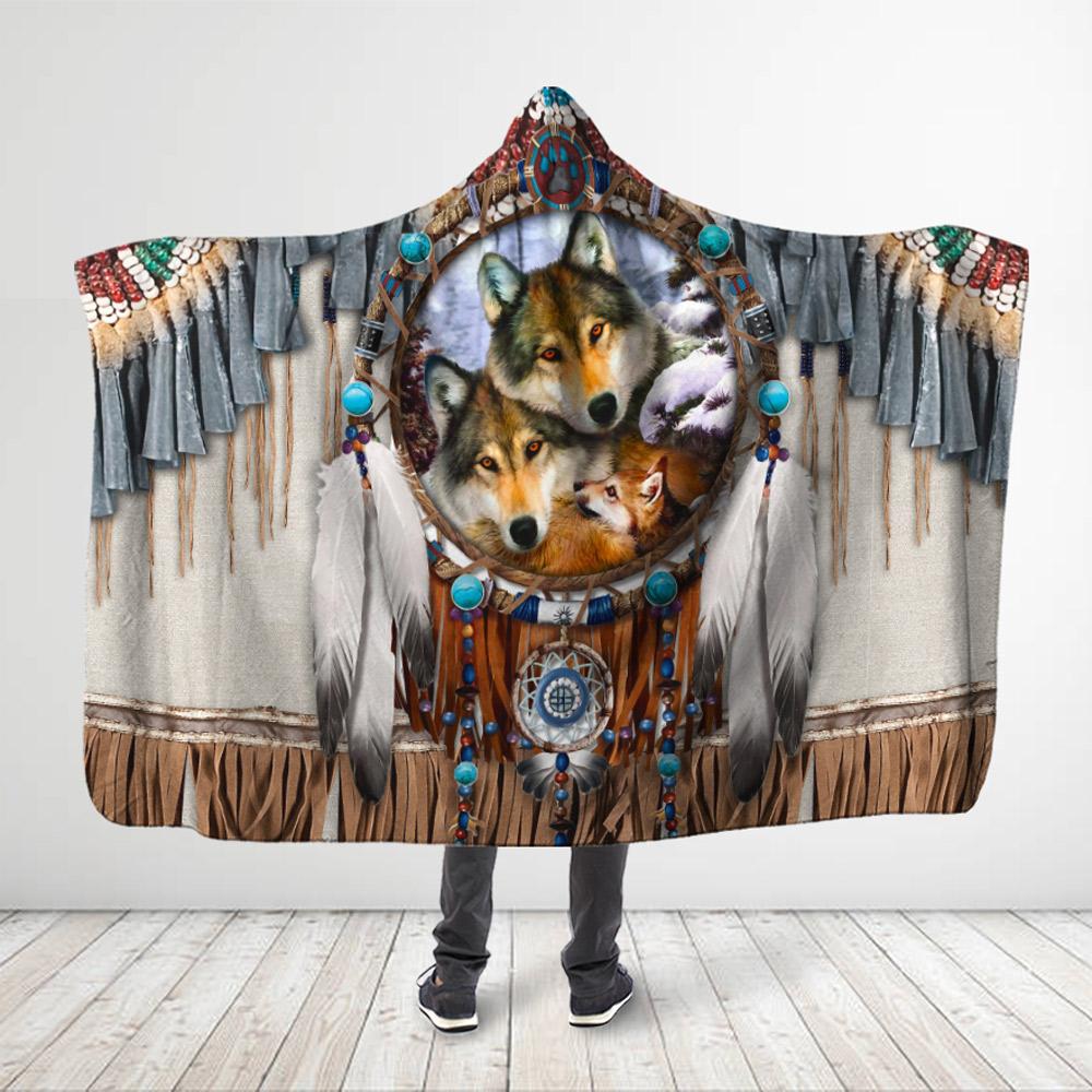 ViticStore™ Aborigine Style 3D All Over Printed Red Wolves Family Dreamcatcher – Hooded Blanket