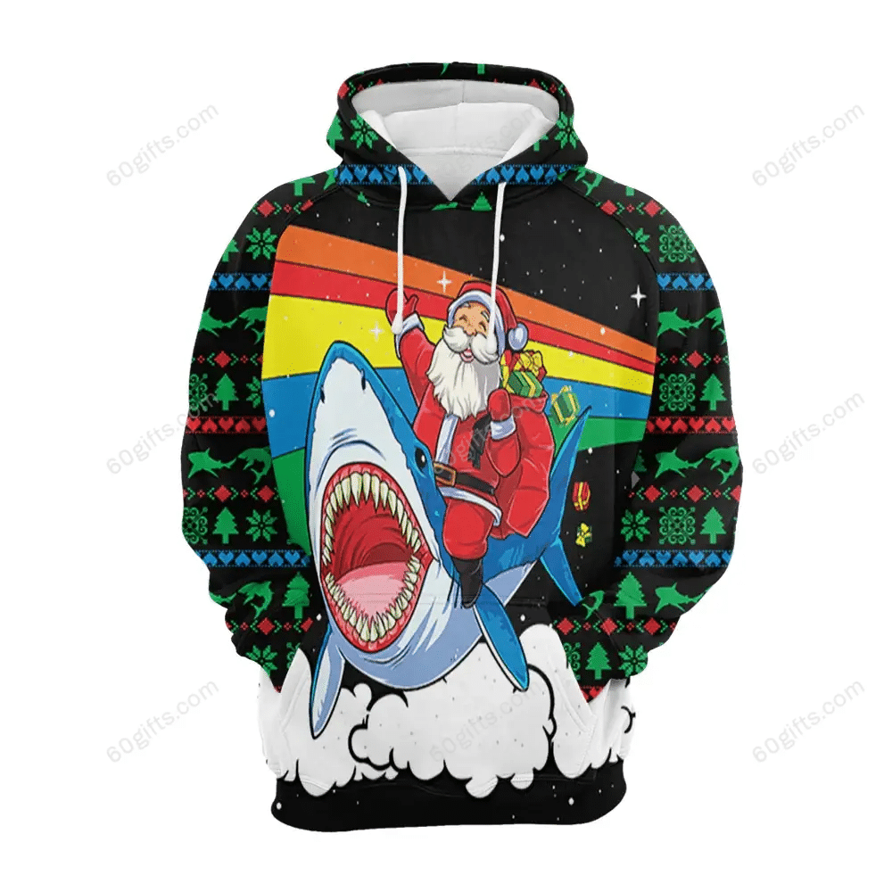 Christmas Gift, Labour Day Gift Ideas 3D Hoodie, Zip Hoodie, Hoodie Dress, Sweatshirt Santa Riding Shark All Over Print