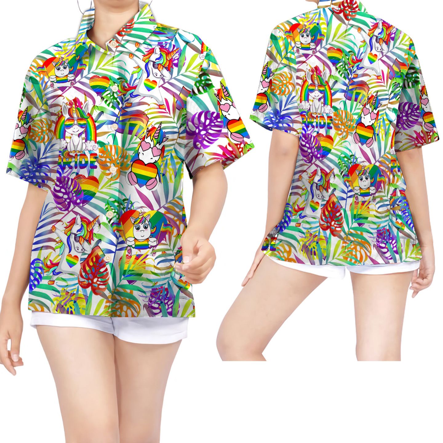 Rainbow Unicorn Tropical Leaves Women Hawaii Shirt For Lgbt Community Ha13206