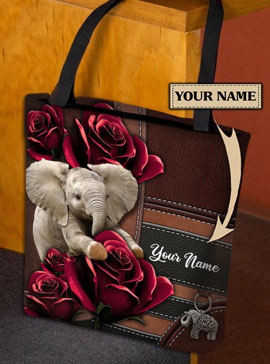 Personalized Elephant All Over Tote Bag, Elephant Tote Bag, Vintage Elephant Tote Bag