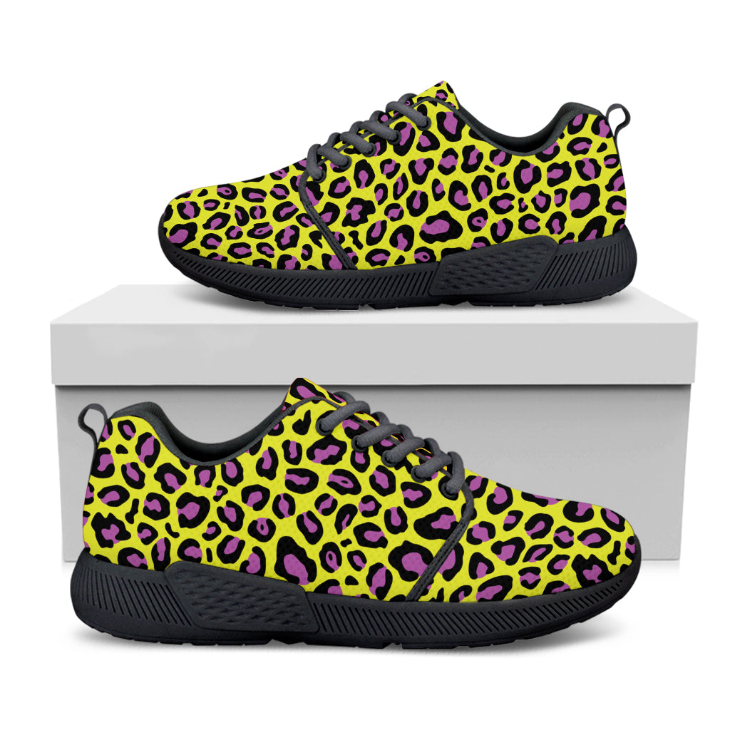 Yellow And Purple Leopard Pattern Print Black Athletic Shoes