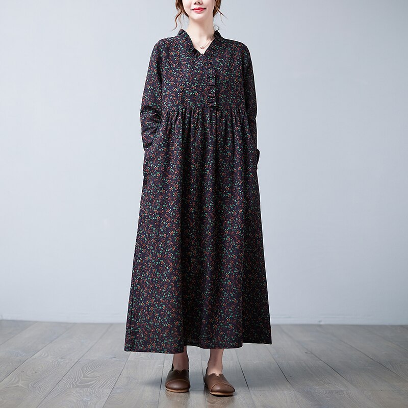 Vintage Spring Dress Ruffle Cotton Linen Fashion Women Casual Autumn Dress Print Floral Office Lady Work Dress Long Maxi Dress alx