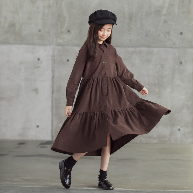 Teen Girls Fall Winter Dress 8 10 years Corduroy Ruffles Button Long Shirt Dress Kids Muslim Girl Midi Dress alx