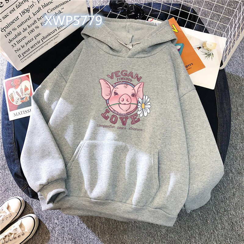 Women Hoodies Vegan Love Pink Pig Hoodie Printed Harajuku Fashion Casual Aesthetic Sweatshirt Hoody Loose Streetwear Tops Cloth alx