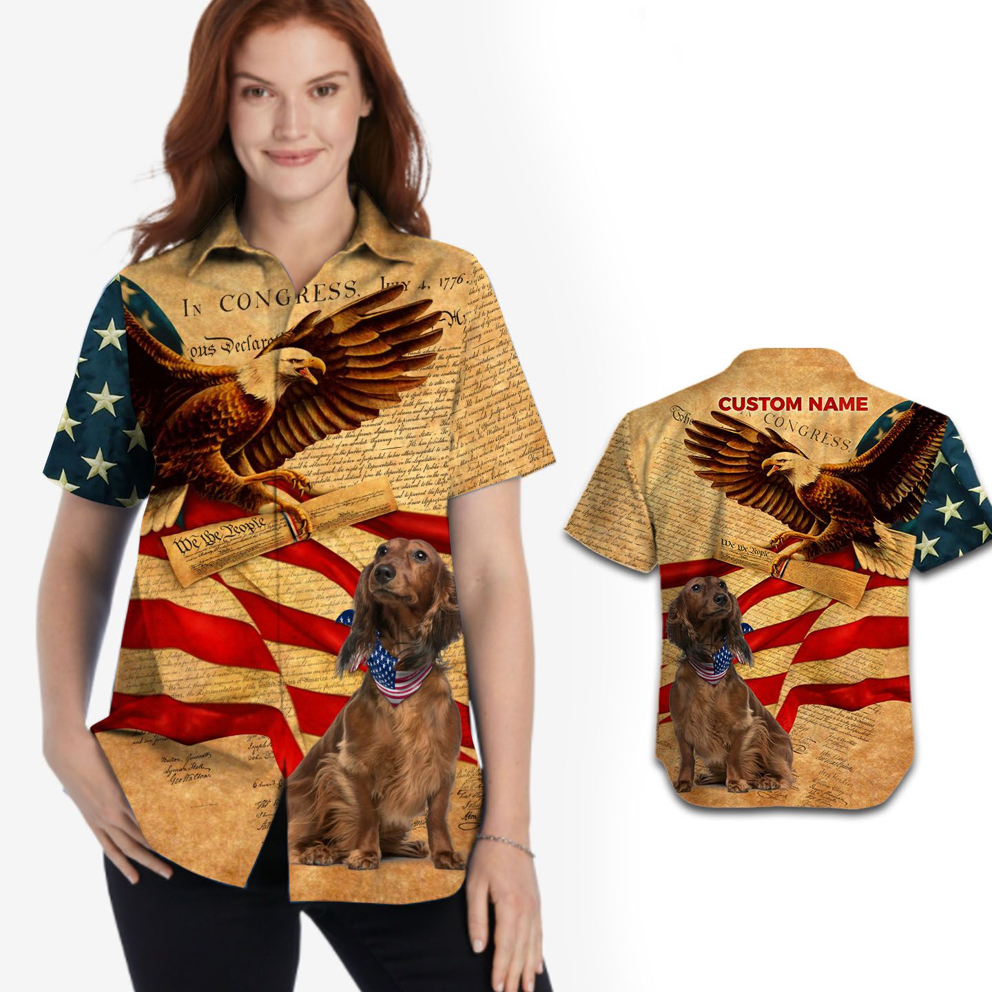 Dachshund Independence Day Patriot Vintage Custom Name Women Hawaii Shirt Ha47864