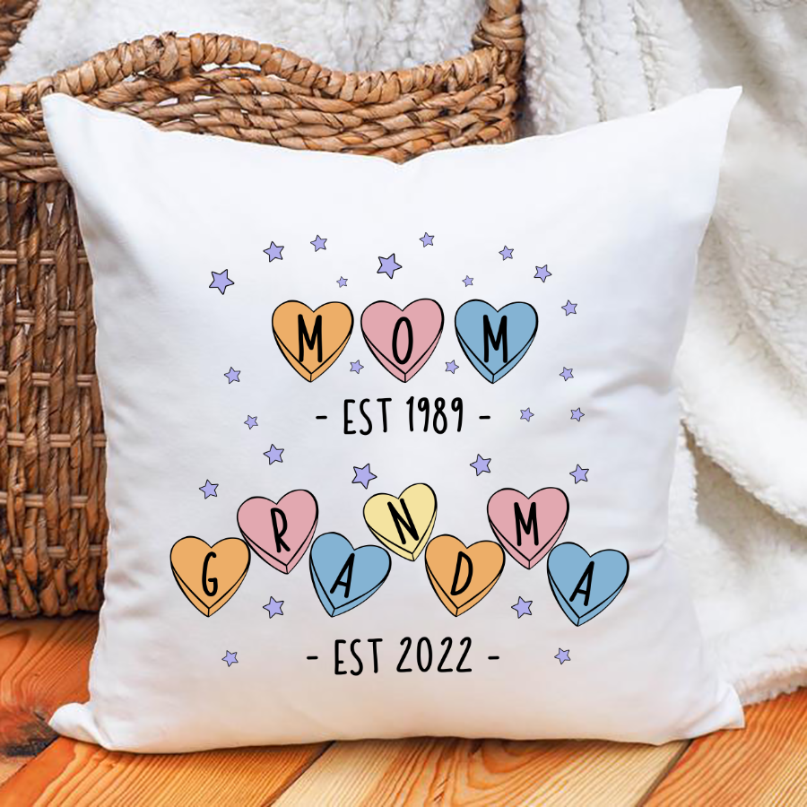 Personalized Mom Est Grandma Est Hearts Indoor Pillow