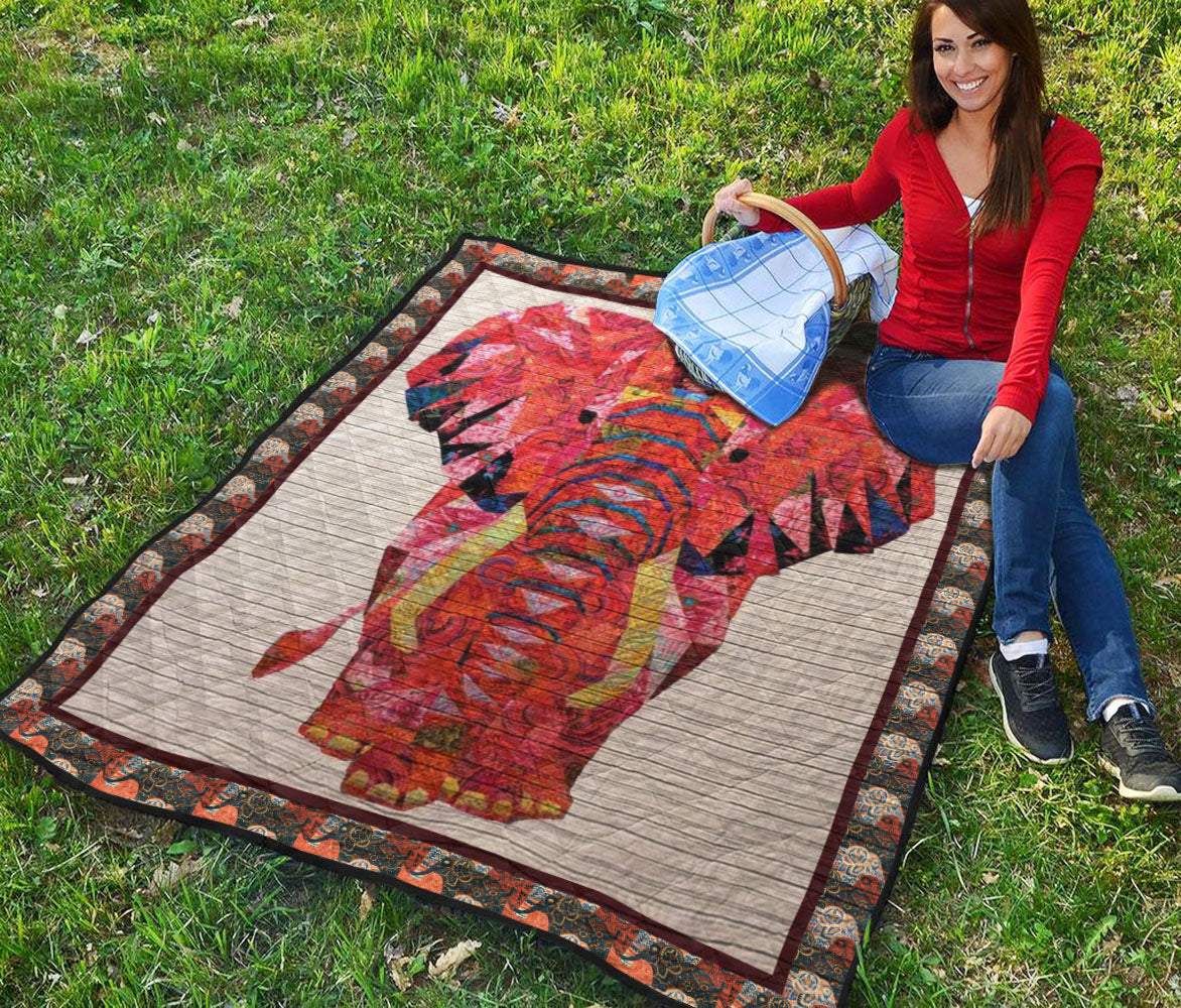 Vibrant Red Elephant Image  Quilt Blanket