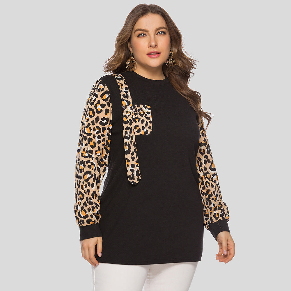 Women Plus Size  Leopard Print Loose T-Shirt With Round Neck And Long Sleeves Jr5687