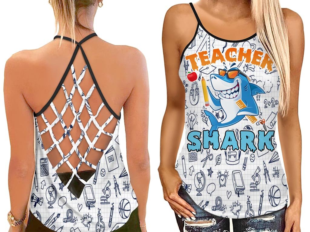 Teacher Shark Tank Top Shirt Women – Funny Education Cross Open Back Camisole Tank